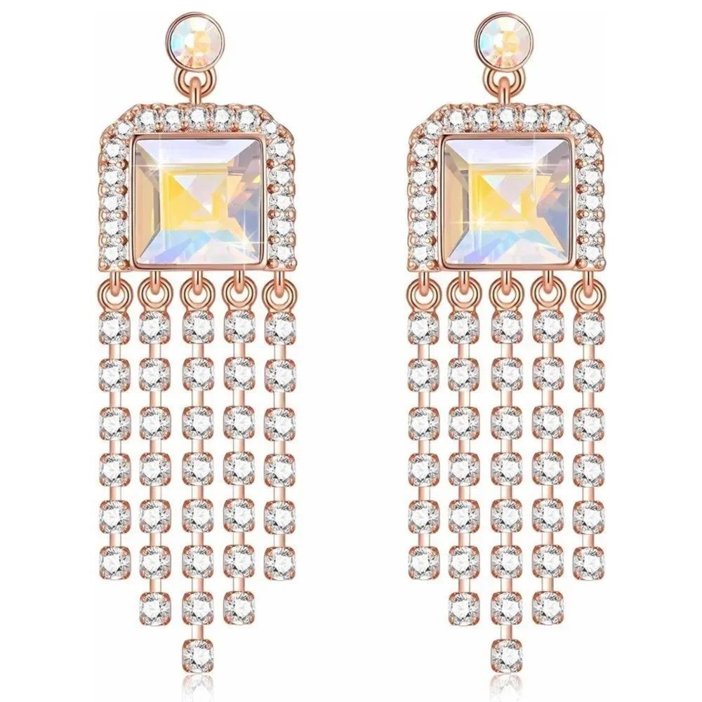 14K Yellow Gold with Iridescent AB Austrian Crystal Dangling Tassel Earrings